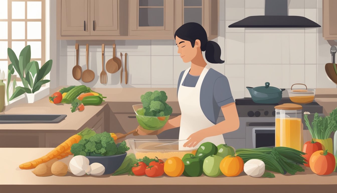 A serene kitchen with fresh fruits, vegetables, and whole grains on the counter. A person is calmly preparing a balanced meal