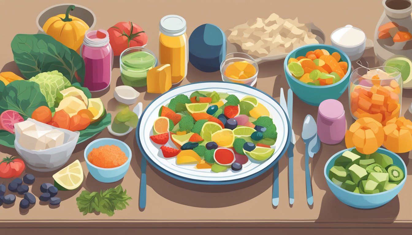 A table set with colorful, nutrient-rich foods and various supplements. A thyroid-friendly diabetic meal plan is laid out with additional support items nearby