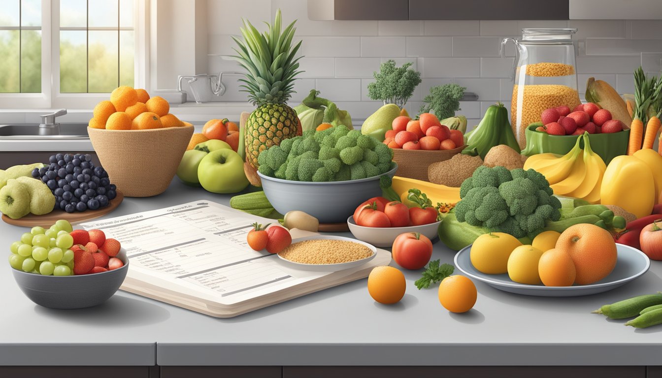 A kitchen counter with a variety of fresh fruits, vegetables, and whole grains, alongside a meal plan chart for diabetics