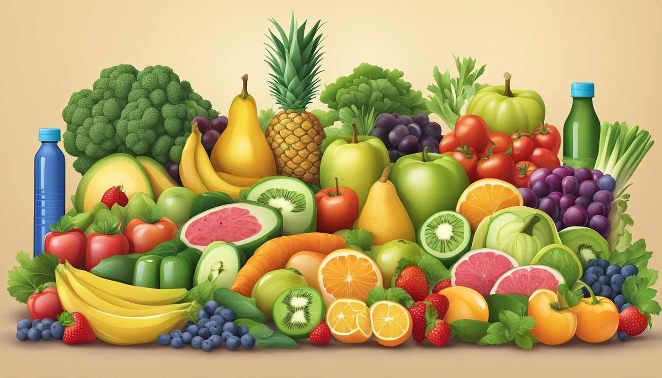 A colorful array of fresh fruits, vegetables, and vitamin bottles arranged around a balanced diabetic meal plan