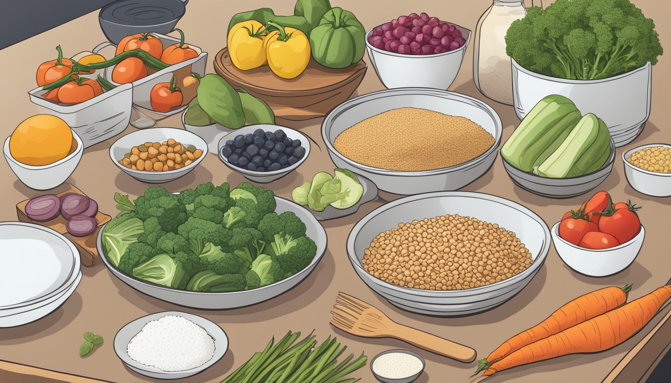 A kitchen counter with fresh vegetables, lean proteins, and whole grains laid out for meal preparation. A shopping list with thyroid-friendly and diabetic-friendly ingredients is nearby