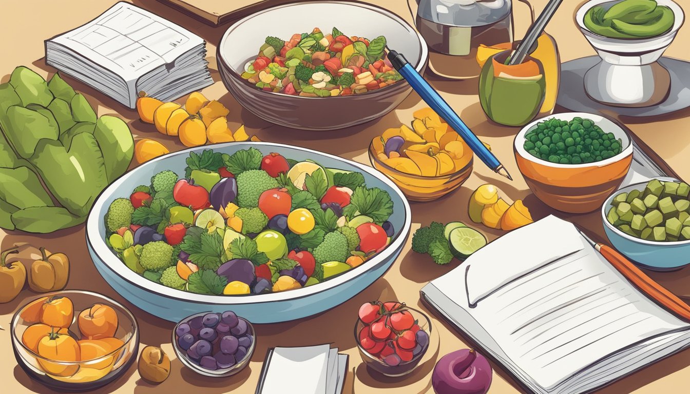 A table with a variety of colorful, nutrient-rich foods arranged in an appealing manner, with a notebook and pen nearby for jotting down recipe ideas