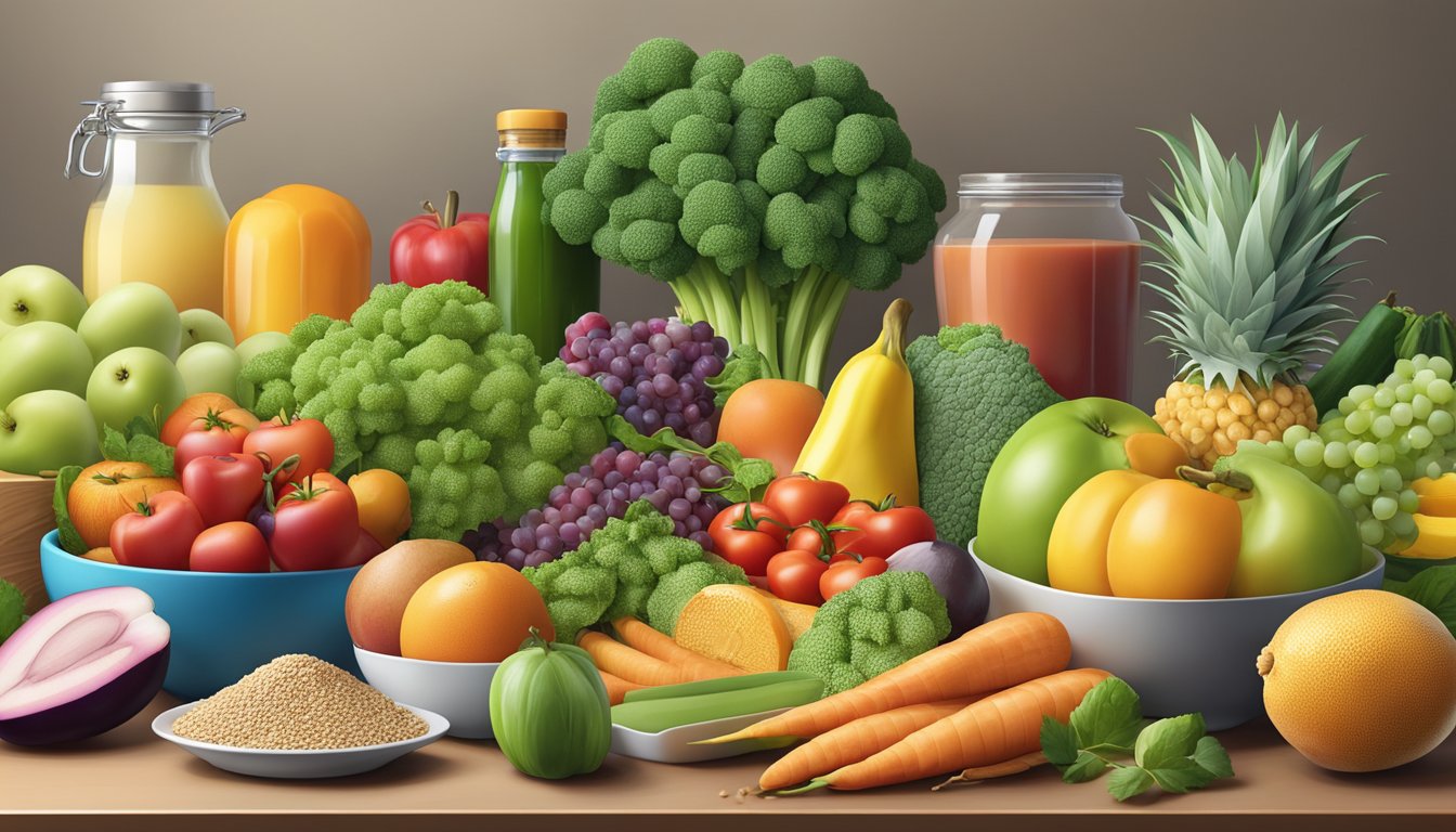 A colorful array of fresh fruits, vegetables, whole grains, and lean proteins arranged on a clean, organized kitchen counter