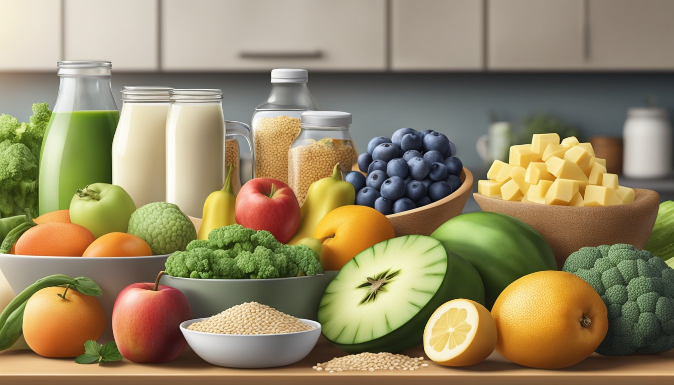 A variety of fresh fruits, vegetables, whole grains, lean proteins, and low-fat dairy products arranged on a kitchen counter