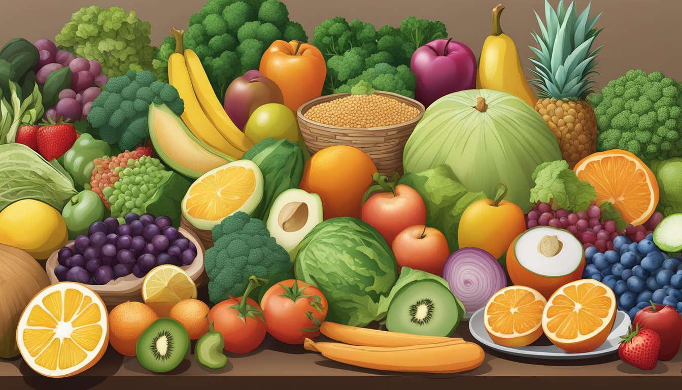 A colorful array of fruits, vegetables, whole grains, and lean proteins arranged on a table, with a focus on balance and variety