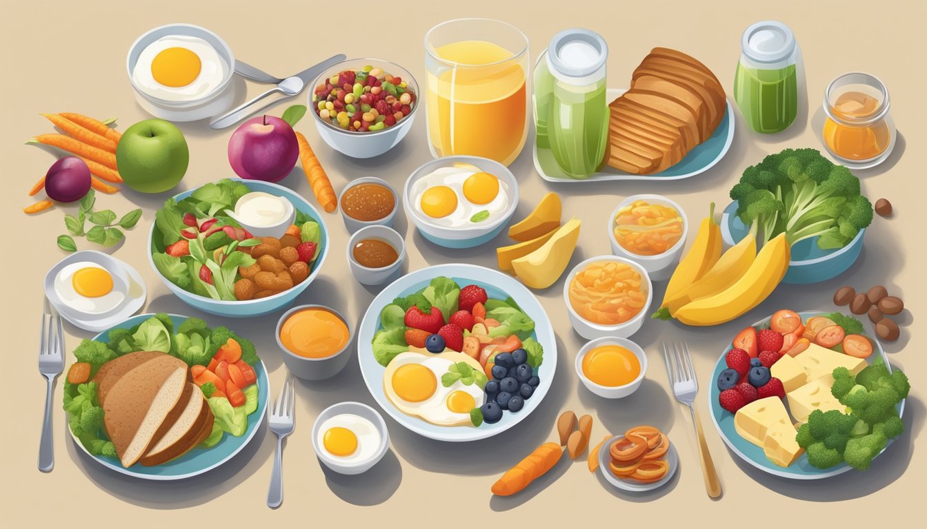 A table set with balanced meals for breakfast, lunch, and dinner, featuring a variety of colorful and nutritious foods tailored for diabetics