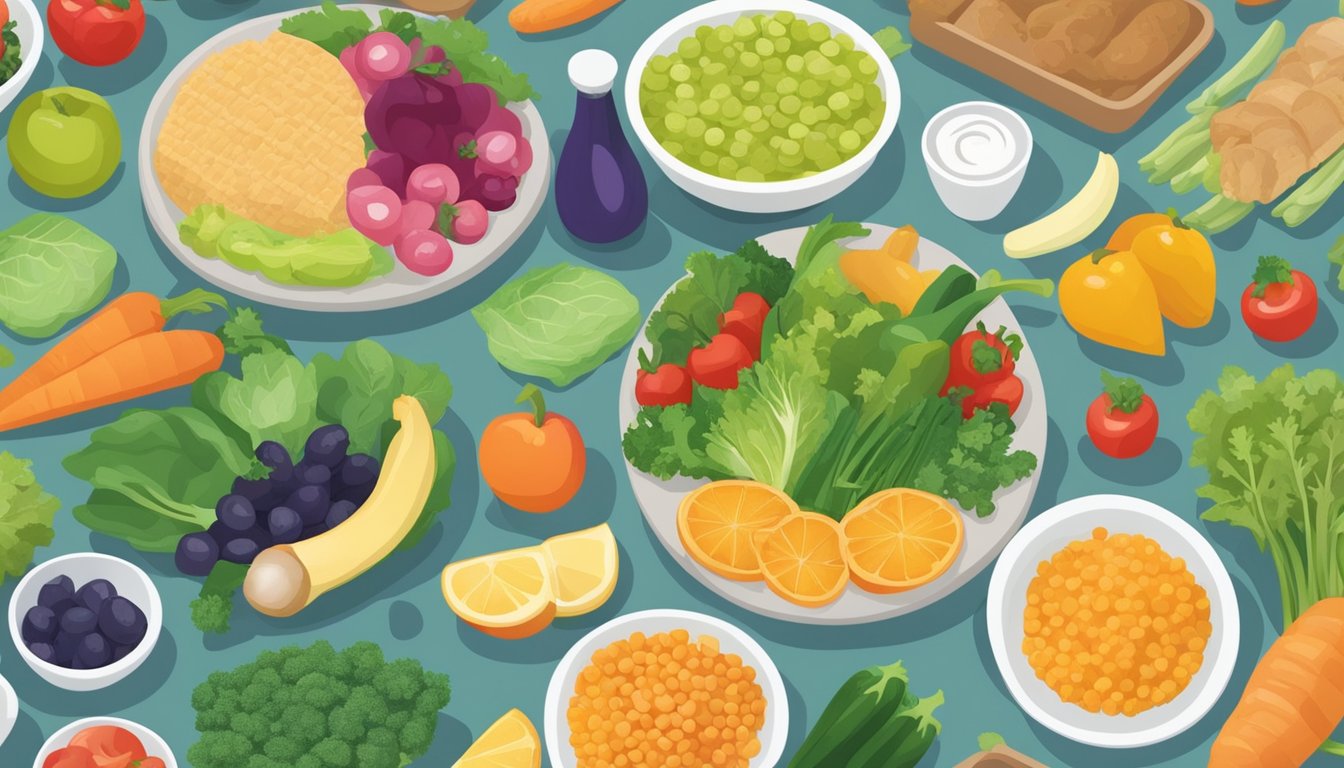 A table set with colorful, nutrient-rich foods like vegetables, fruits, lean proteins, and whole grains. A nutritionist consults a diabetic patient