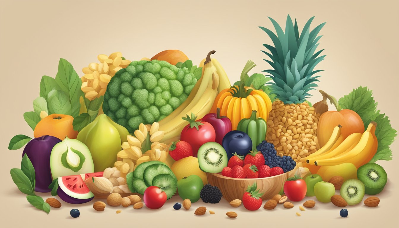 A colorful array of fresh fruits, vegetables, and whole grains arranged on a table, with a variety of nuts and seeds scattered around