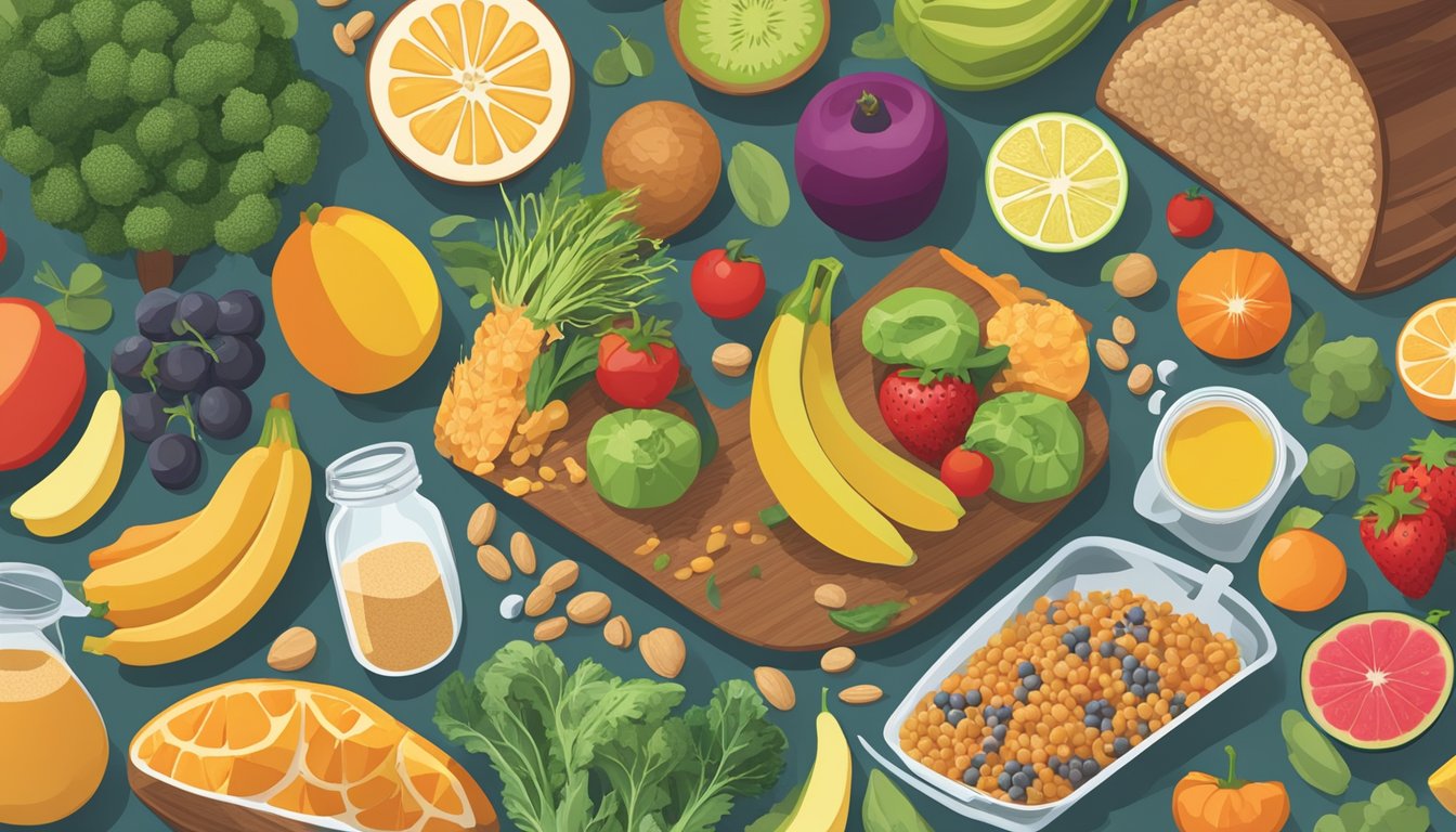 A colorful array of fresh fruits, vegetables, lean proteins, and whole grains arranged on a table, with a measuring cup and a diabetes-friendly meal plan laid out beside it