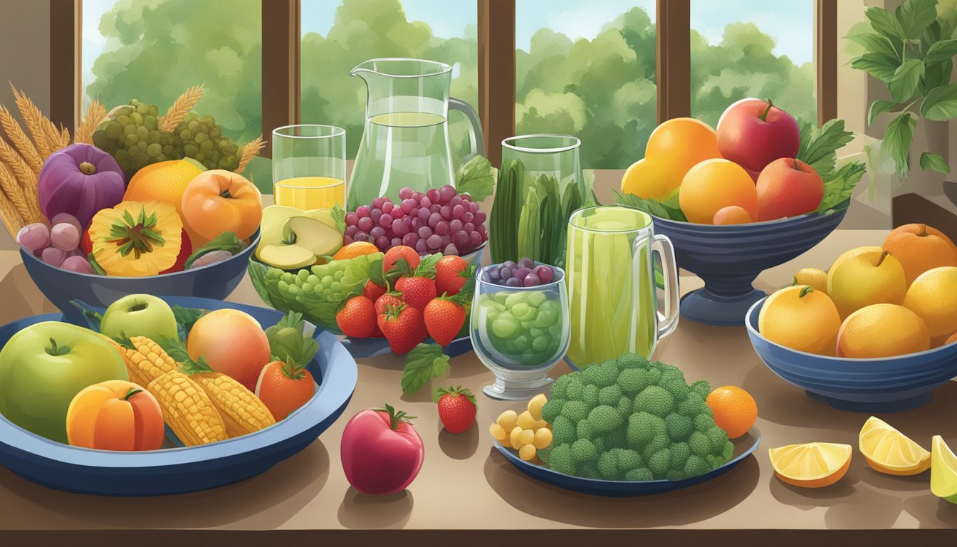 A colorful array of fruits, vegetables, and whole grains arranged on a table, surrounded by water glasses and a pitcher