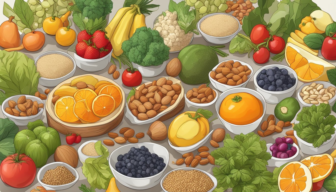 A colorful array of fresh fruits, vegetables, whole grains, lean proteins, and nuts arranged on a table, surrounded by vibrant herbs and spices