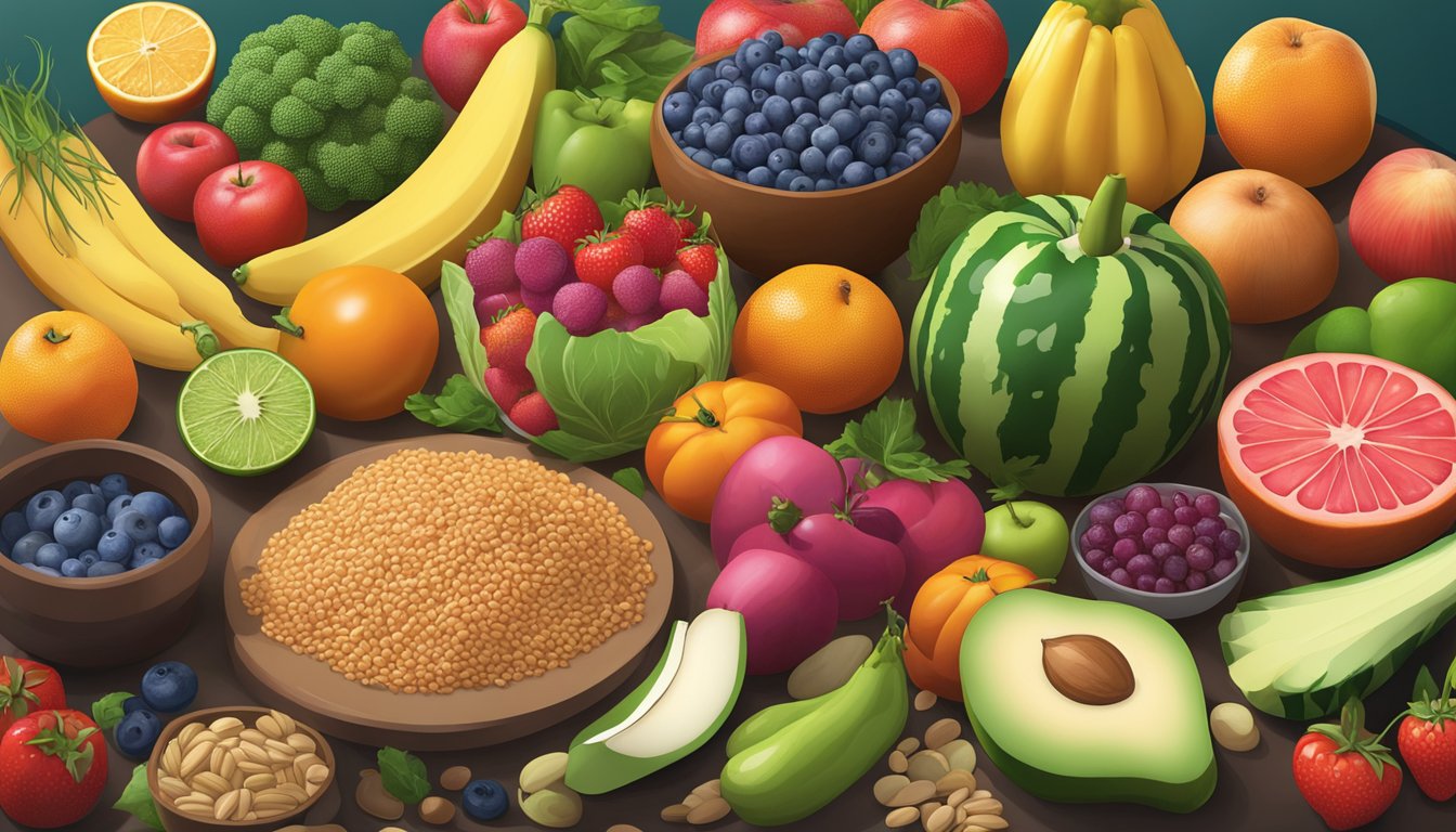 A colorful array of fresh fruits, vegetables, whole grains, and lean proteins arranged on a table, with a focus on skin-nourishing ingredients for diabetics