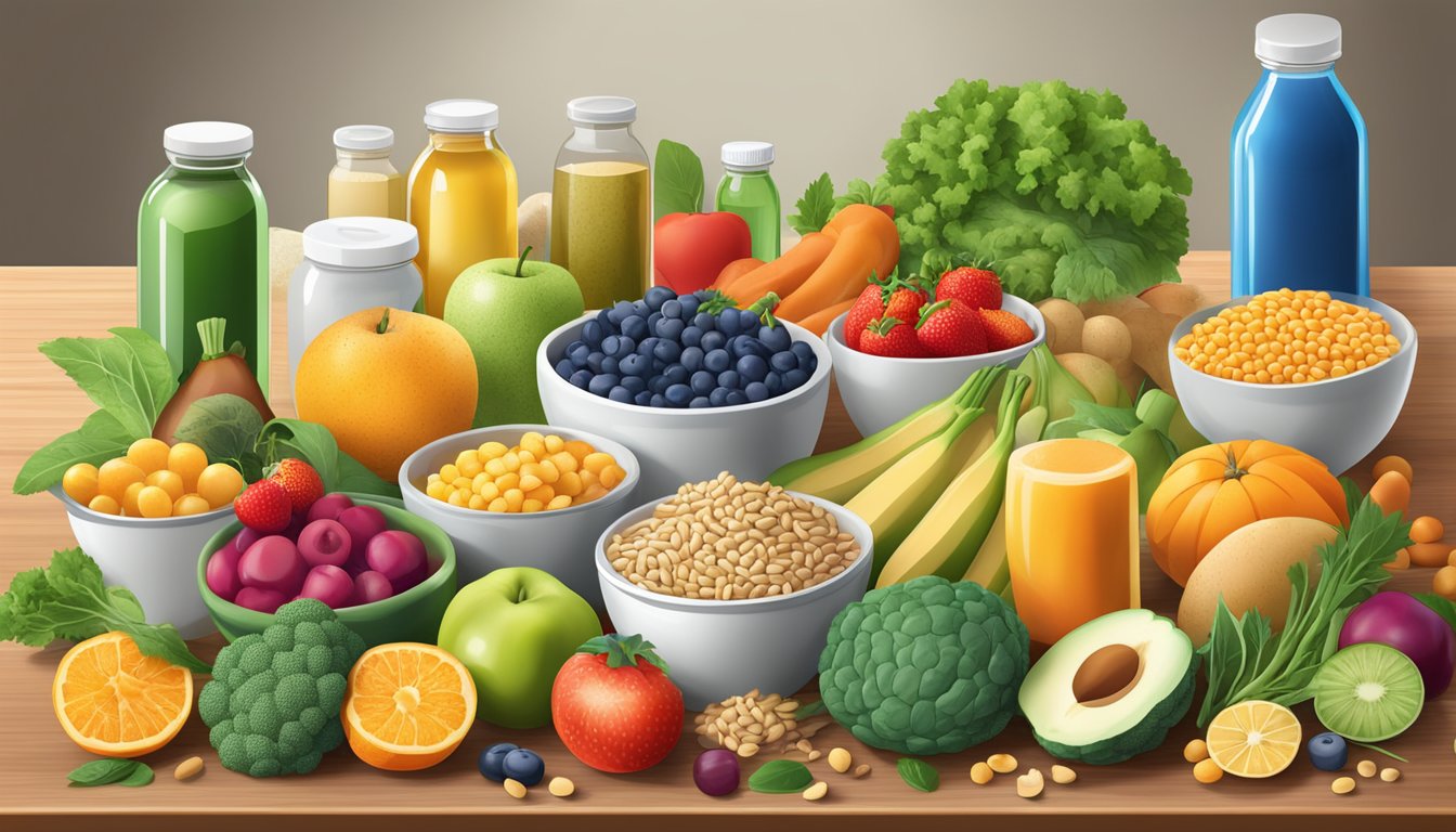 A colorful array of fresh fruits, vegetables, lean proteins, and whole grains arranged on a table, surrounded by bottles of vitamins and supplements