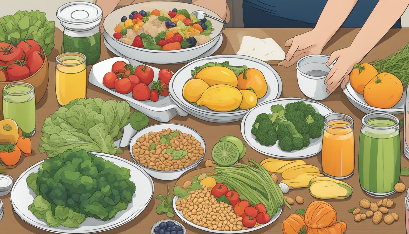 A table set with a variety of healthy foods, including fruits, vegetables, whole grains, and lean proteins. A person is seen measuring out portion sizes and reading nutrition labels