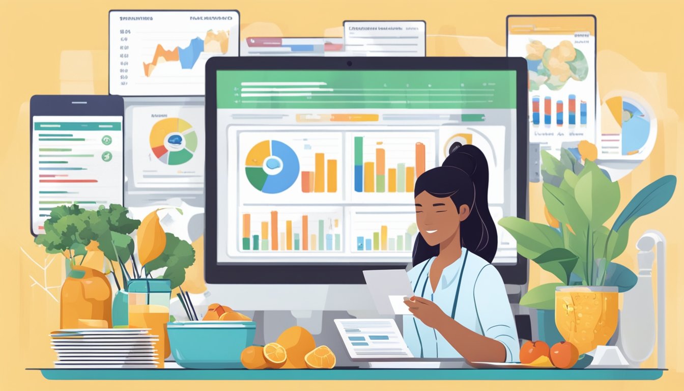 A person researching nutrition databases, surrounded by charts and graphs, with a focus on immune-boosting diabetic meal plans