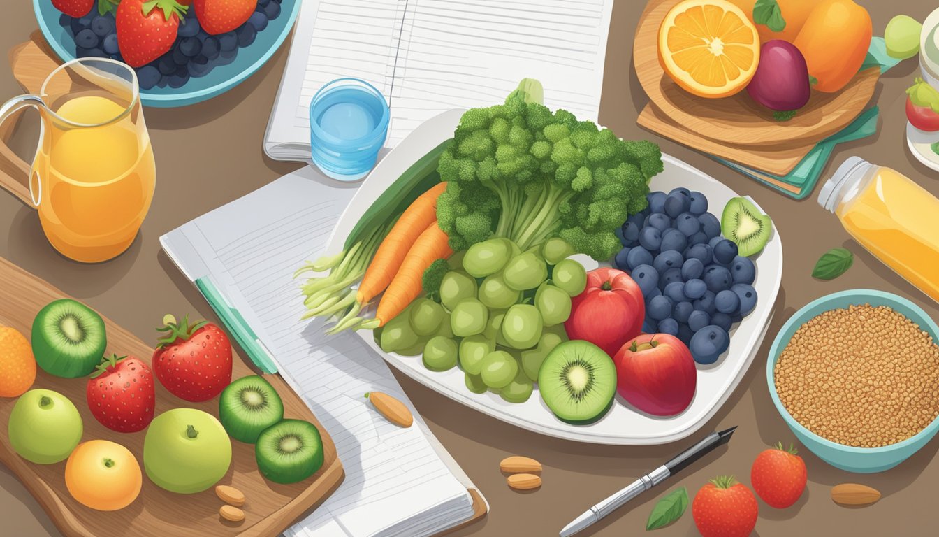 A table set with a colorful array of fruits, vegetables, and whole grains, alongside a bottle of water and a diabetes management journal