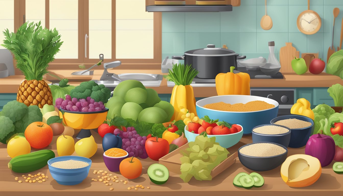 A colorful array of fresh fruits, vegetables, and whole grains arranged on a table, with a variety of cooking utensils and kitchen appliances in the background