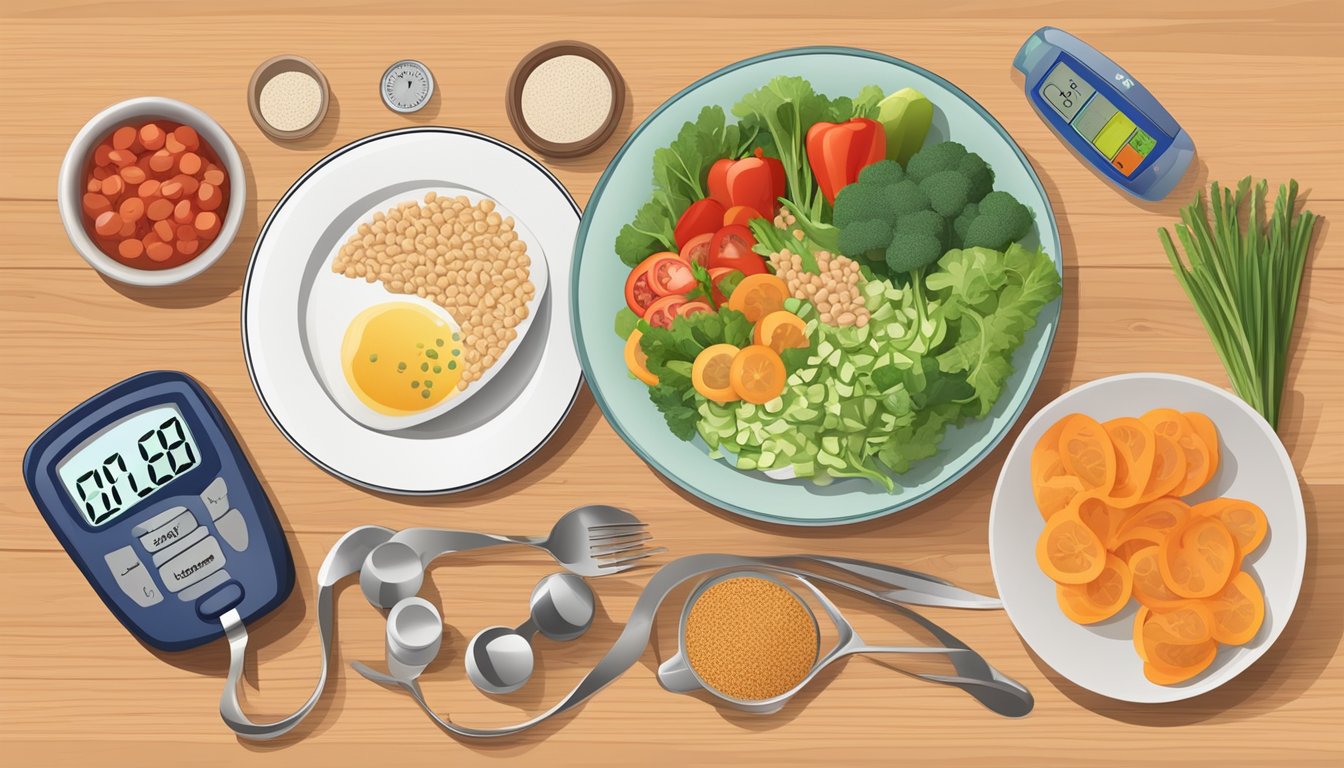 A colorful meal plate with balanced portions of vegetables, lean proteins, and whole grains, alongside a measuring cup and a blood glucose monitor