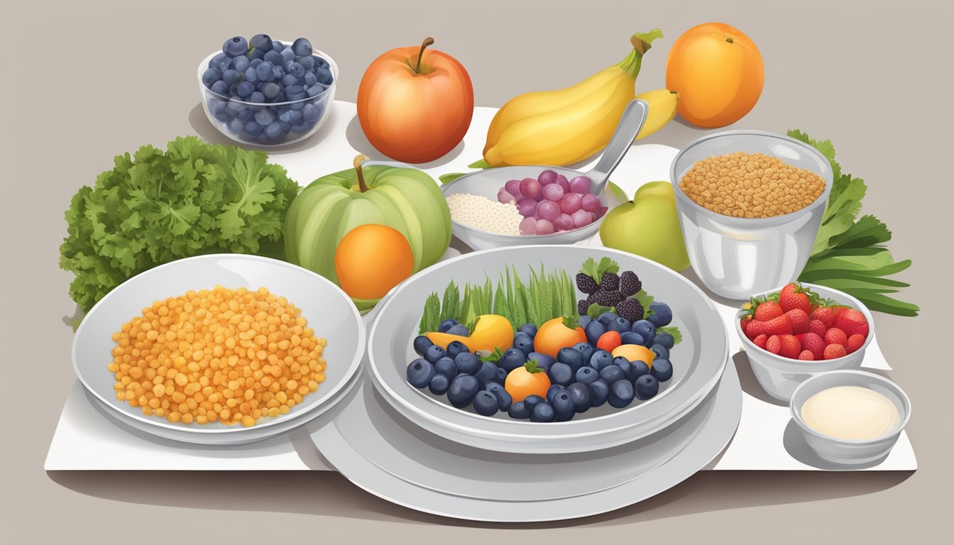 A table set with balanced portions of fruits, vegetables, lean proteins, and whole grains, with a measuring cup and plate for portion control