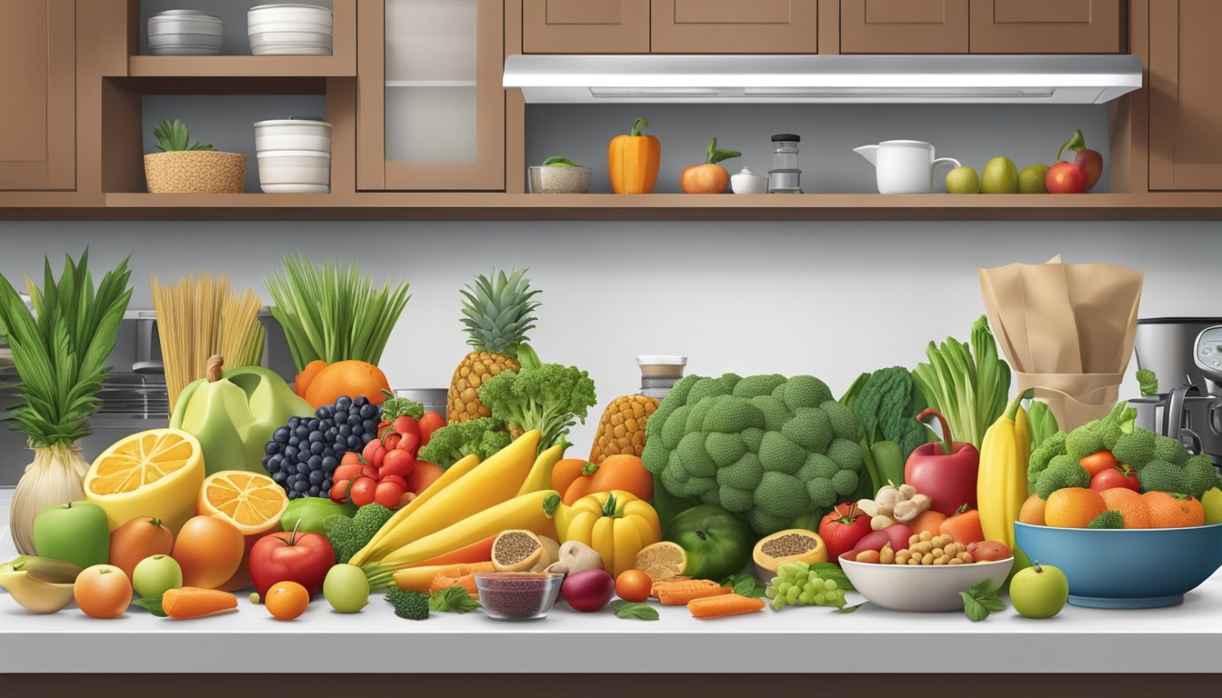 A colorful array of fresh fruits, vegetables, lean proteins, and whole grains arranged on a clean, organized kitchen counter