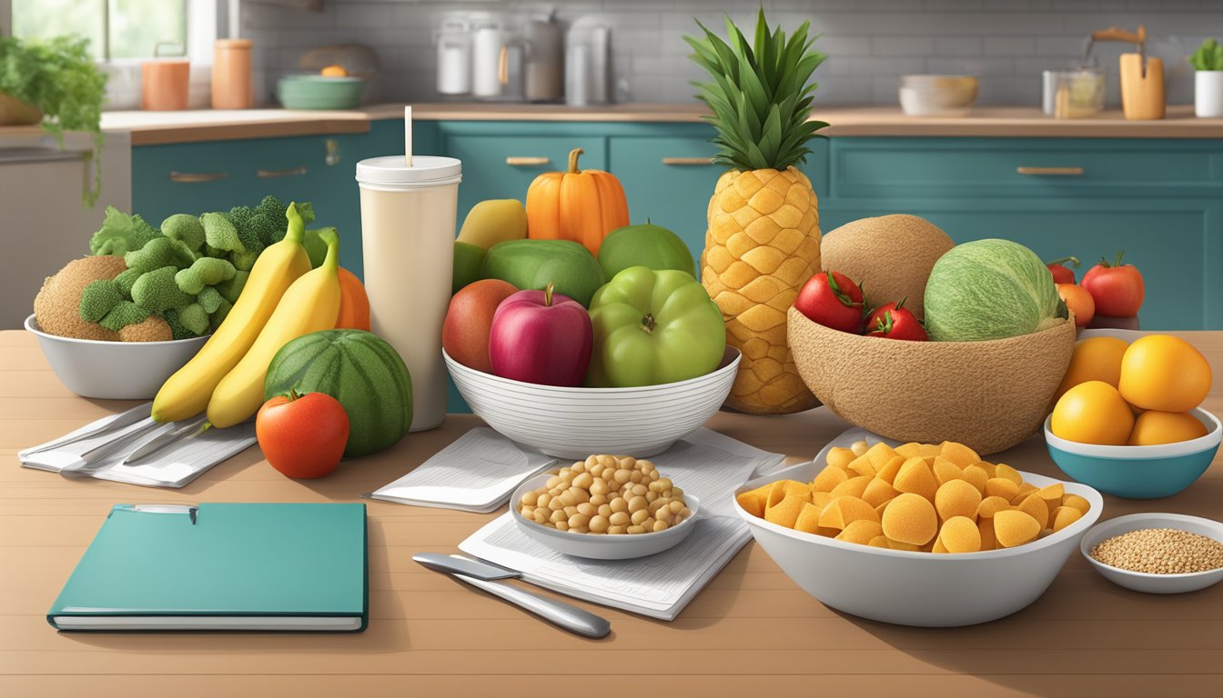 A colorful array of fresh fruits, vegetables, and whole grains arranged on a kitchen counter, with a meal plan and a list of nutritional needs on a nearby table