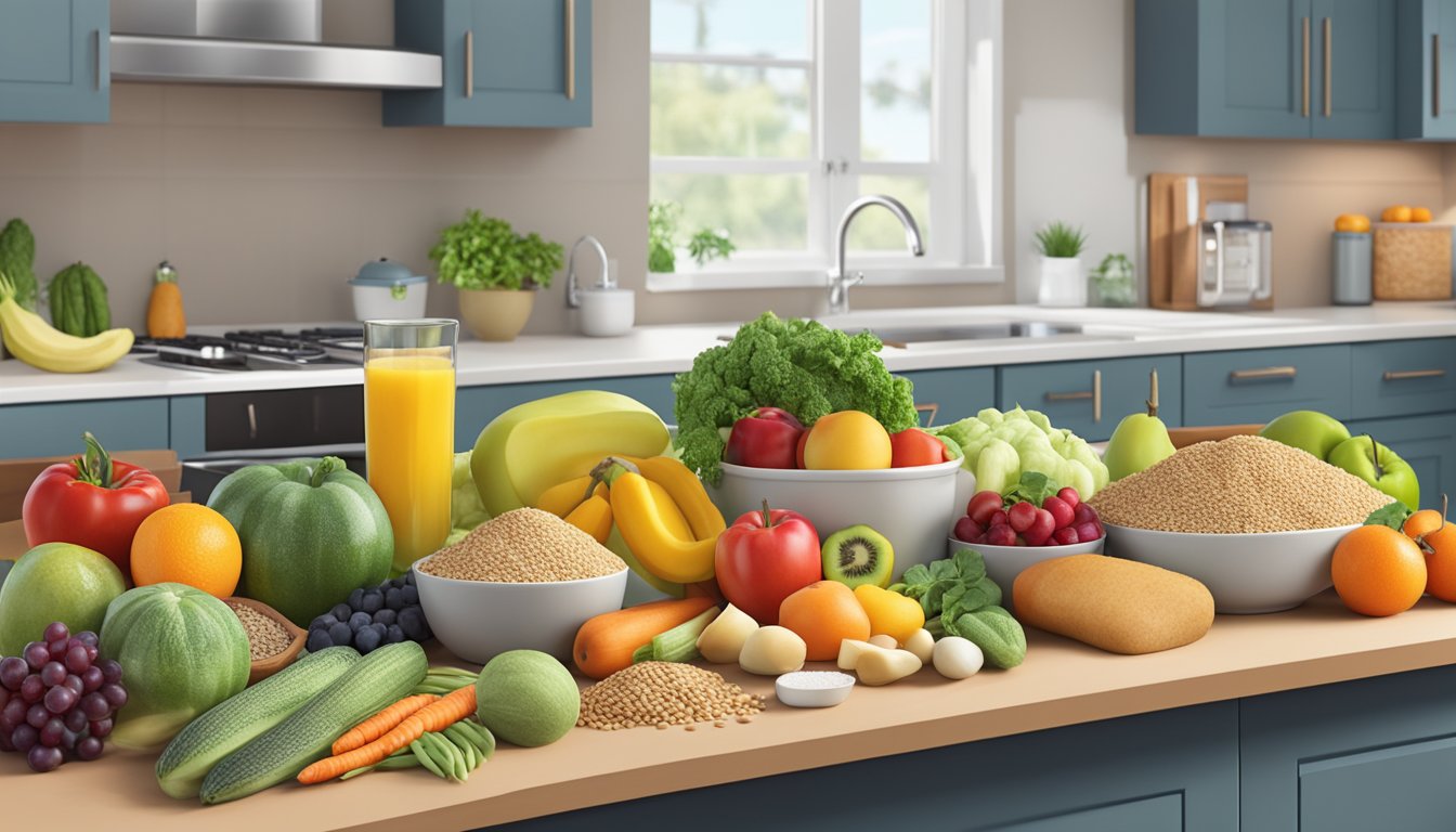 A colorful array of fresh fruits, vegetables, lean proteins, and whole grains arranged on a kitchen counter, with a meal plan chart and blood sugar monitor nearby