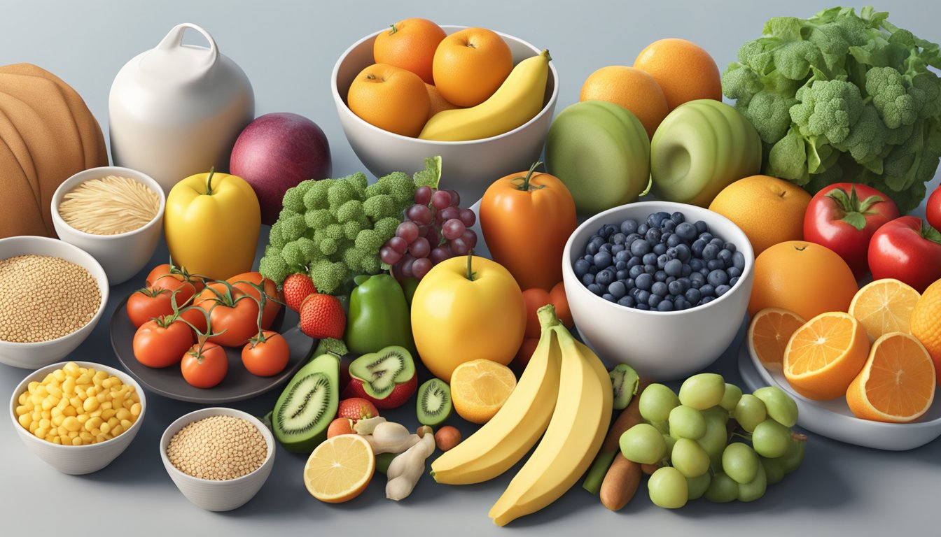 A colorful array of fresh fruits, vegetables, whole grains, and lean proteins arranged on a clean, modern kitchen counter