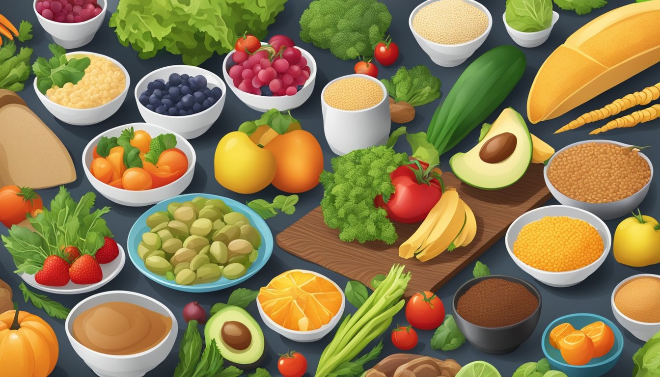 A table set with a variety of colorful and nutritious foods, including lean proteins, whole grains, and fresh fruits and vegetables