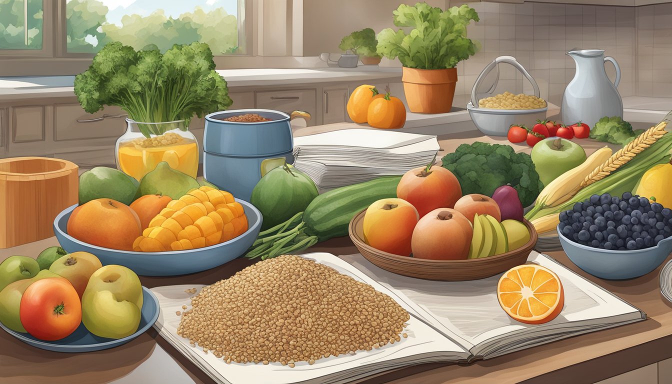 A kitchen counter with a variety of fresh fruits, vegetables, and whole grains, along with a cookbook open to a page of healthy recipes