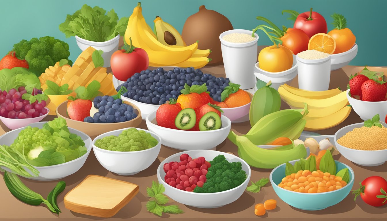 A table set with a variety of colorful, healthy foods, including fruits, vegetables, lean proteins, and whole grains