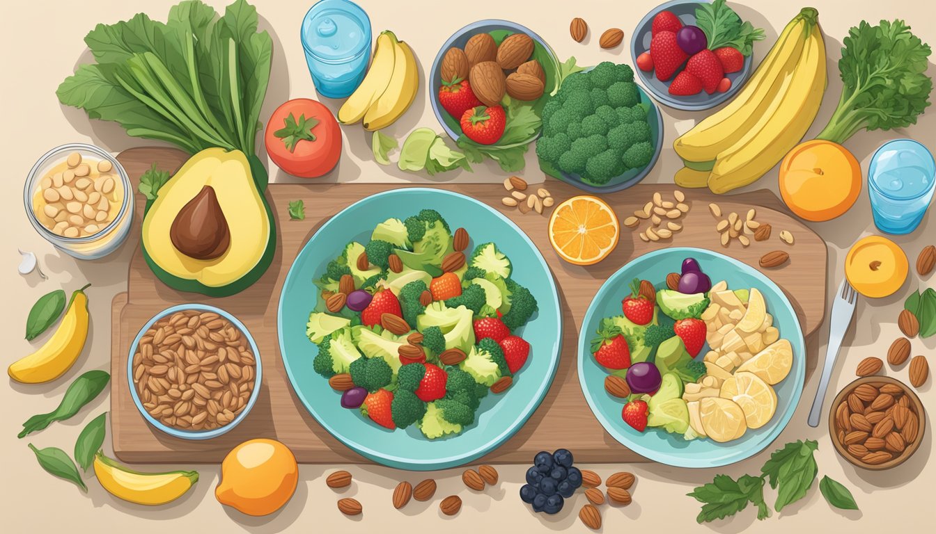 A colorful meal plan spread out on a table, surrounded by fresh fruits, vegetables, and nuts. A bottle of water and a plate of lean protein are also included in the scene