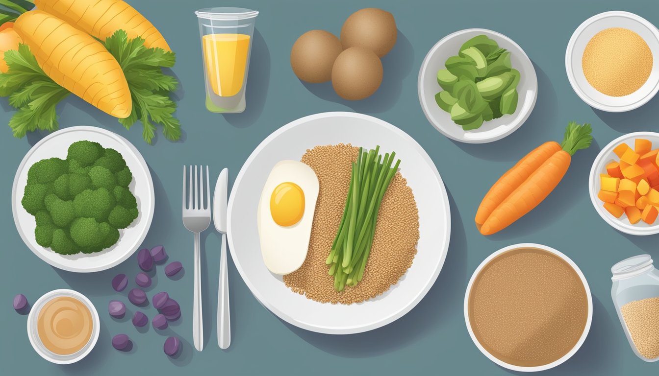 A table set with a balanced meal of lean protein, whole grains, and colorful vegetables, surrounded by measuring cups and a nutrition guide