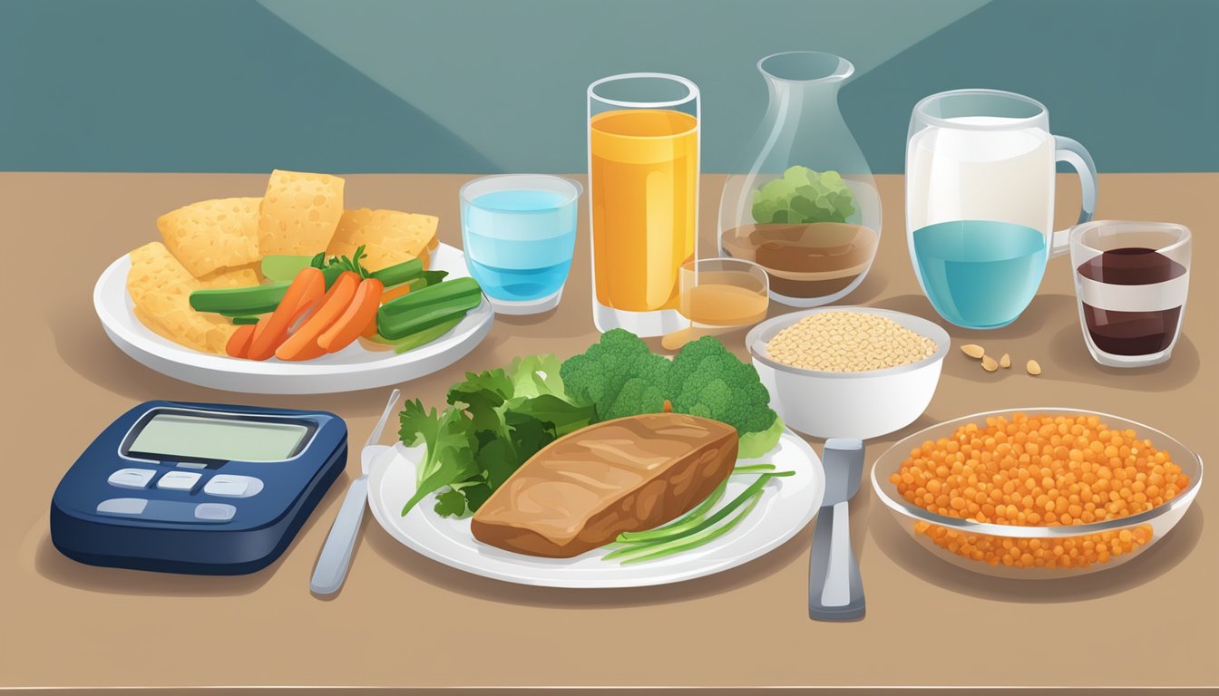 A table set with a balanced meal of lean proteins, vegetables, and whole grains, accompanied by a glass of water and a blood glucose monitoring kit