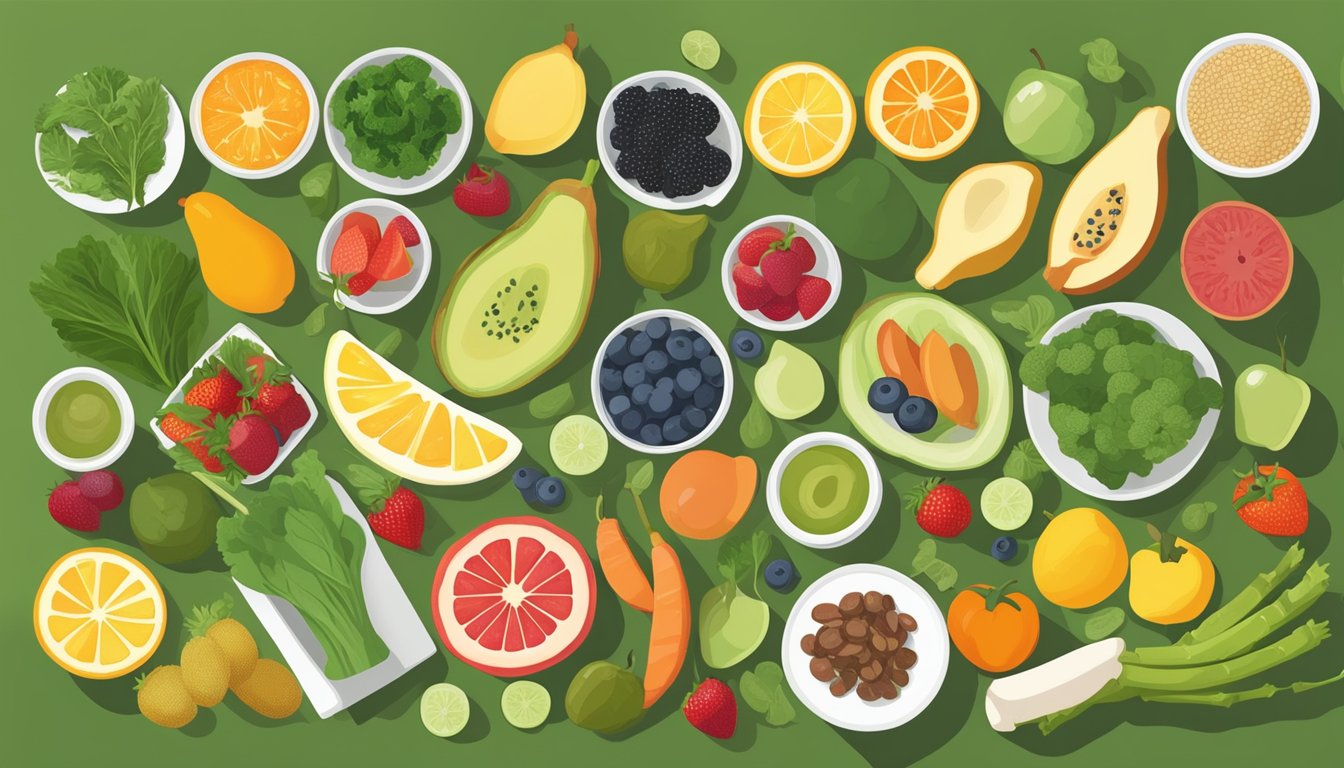 A colorful array of diabetes-friendly foods arranged in a balanced meal plan, including leafy greens, lean proteins, whole grains, and fresh fruits