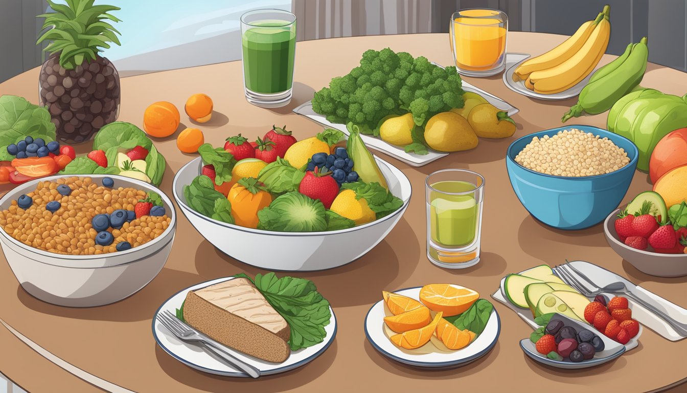 A table set with a variety of colorful fruits, vegetables, whole grains, and lean proteins, with a glass of water and a diabetes-friendly meal plan laid out beside it