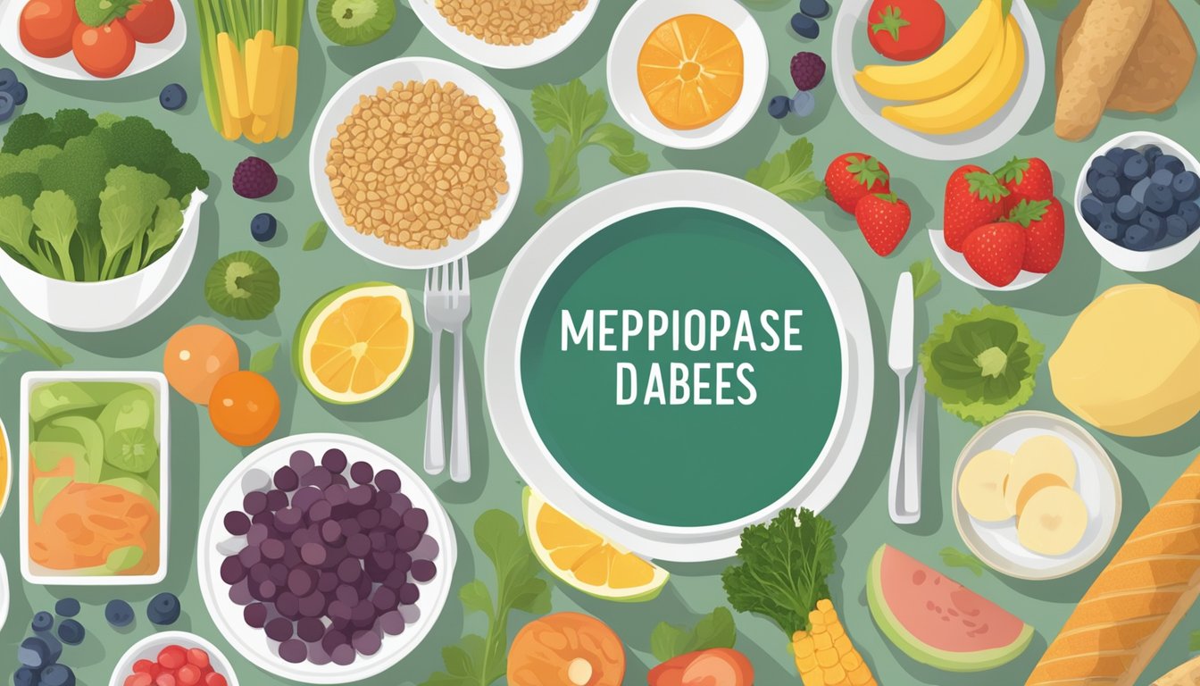 A table set with a variety of healthy foods, including fruits, vegetables, lean proteins, and whole grains. A meal plan and a guide to managing menopause and diabetes are laid out next to the dishes