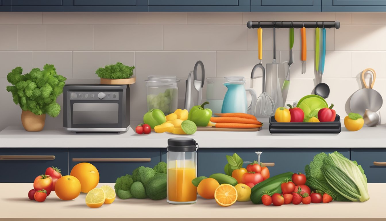 A kitchen counter with fresh fruits, vegetables, lean proteins, and whole grains. A workout area with dumbbells and resistance bands