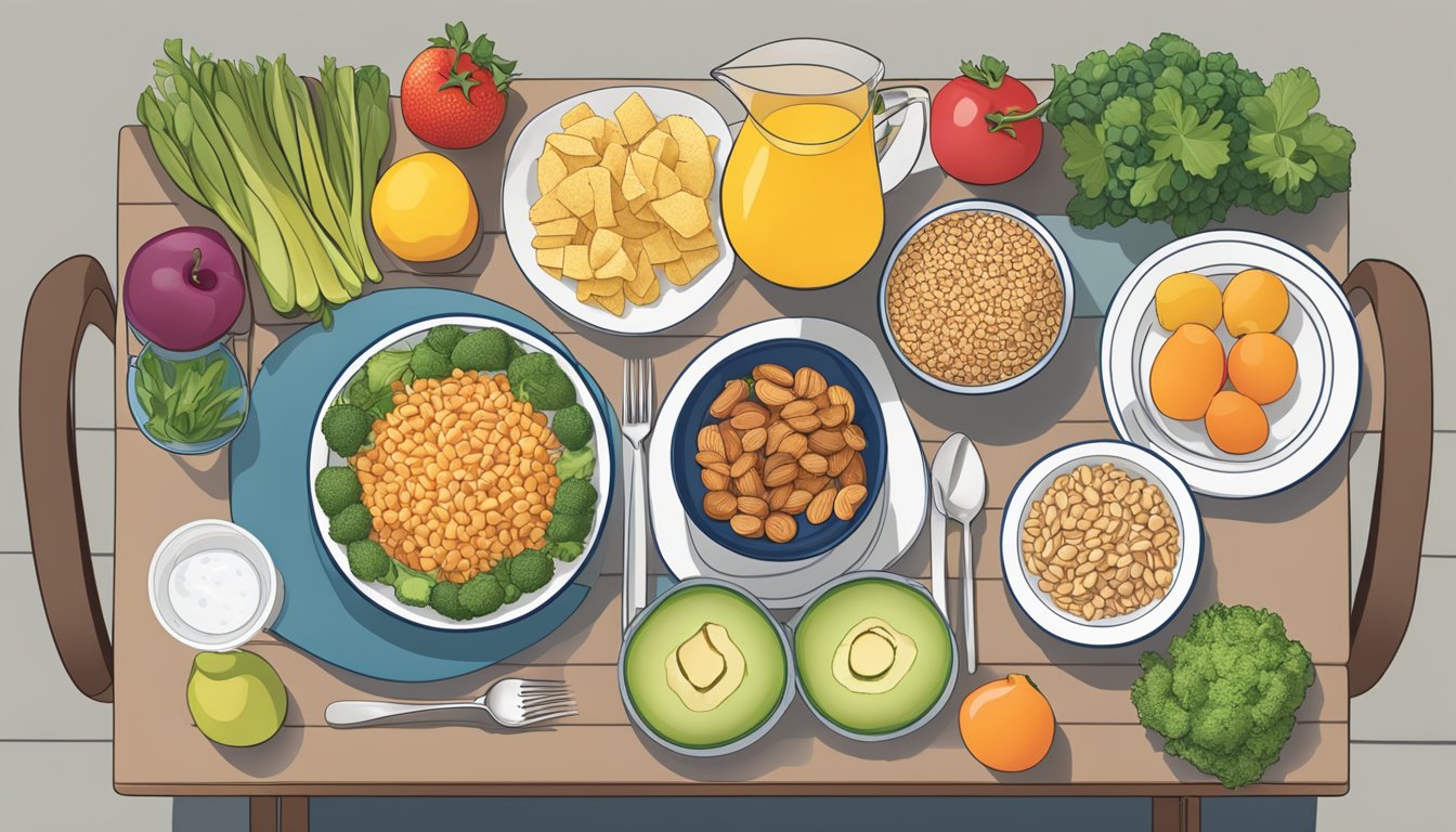 A table set with balanced meal options, including fruits, vegetables, lean proteins, and whole grains. A water pitcher and glass are also present