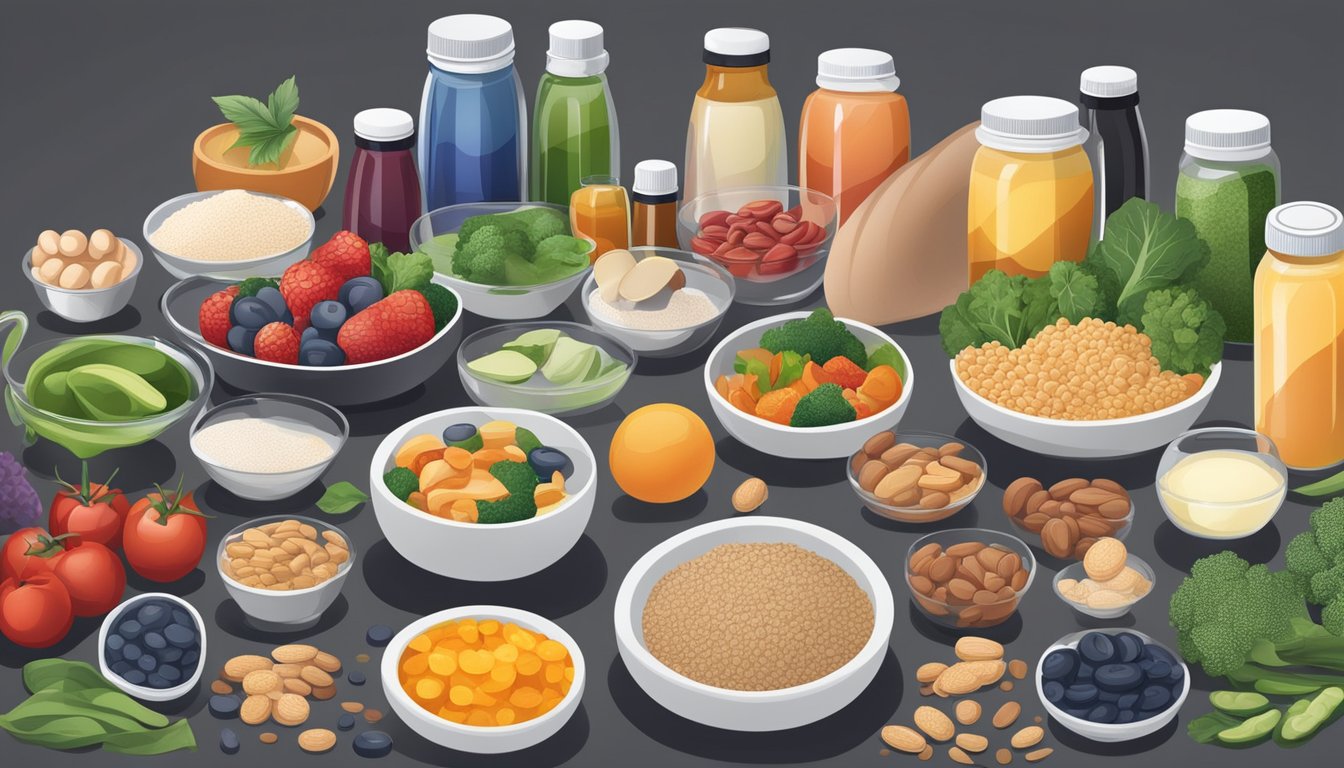 A table set with various supplements, diabetic-friendly foods, and muscle-building ingredients