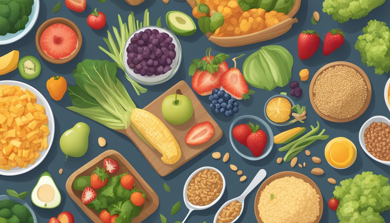 A table set with a variety of healthy foods, including fruits, vegetables, whole grains, and lean proteins, with a focus on diabetic-friendly options