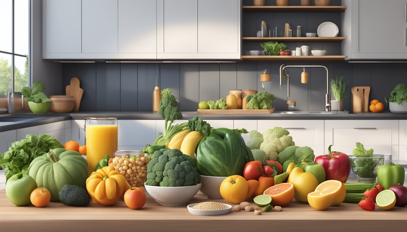 A colorful array of fruits, vegetables, lean proteins, and whole grains displayed on a clean, modern kitchen counter