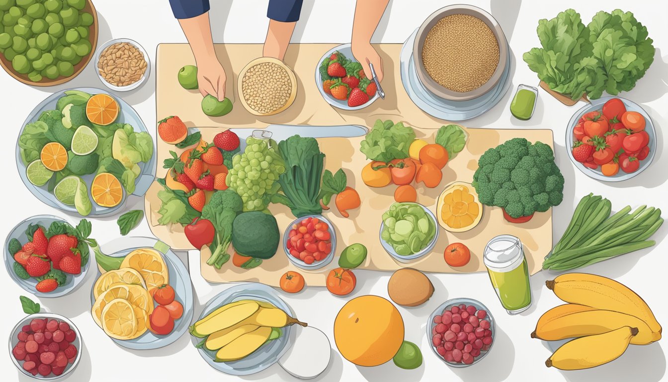 A table with a balanced meal plan for diabetics, including a variety of fruits, vegetables, lean proteins, and whole grains. A person with diabetes is checking their blood sugar levels