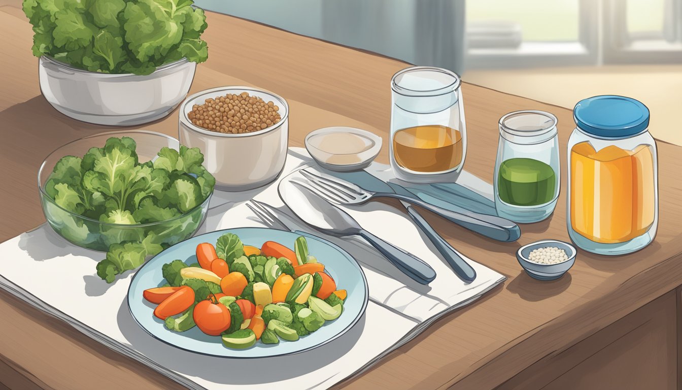 A table set with balanced meal components for a diabetic, including fresh vegetables, lean protein, and whole grains. A bottle of adrenal support supplement sits next to a glass of water