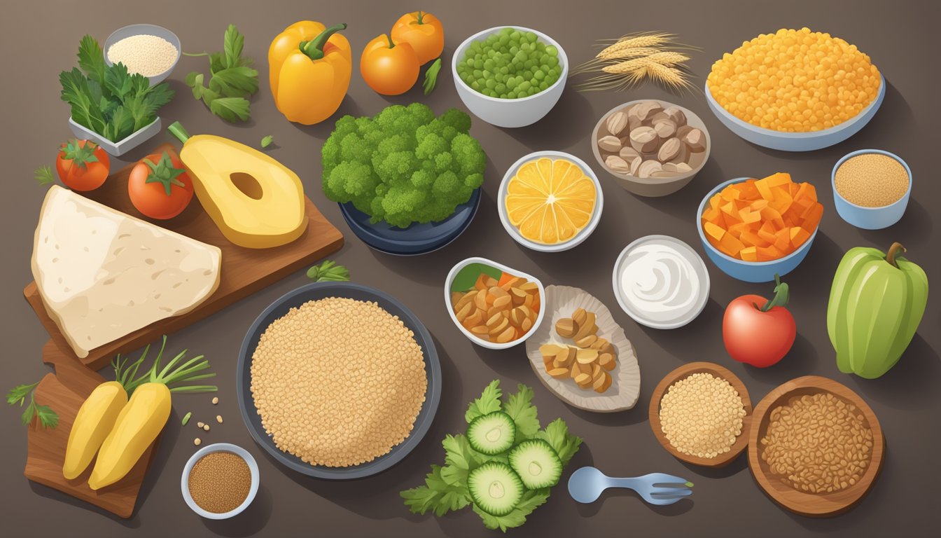 A table set with balanced meal components: lean protein, whole grains, vegetables, and fruits, with a focus on portion control and low glycemic index foods