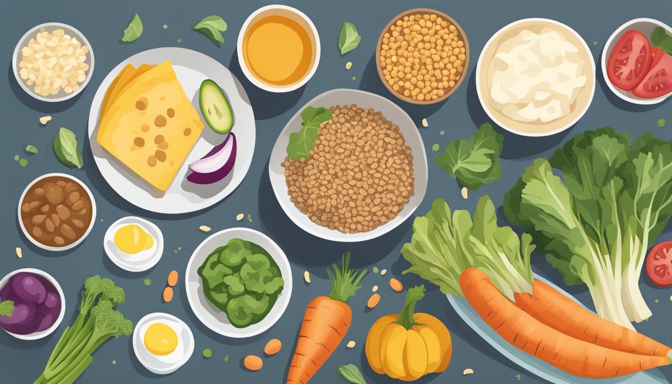 A table set with a balanced meal including lean proteins, whole grains, and colorful vegetables, with a focus on foods that support adrenal health and are suitable for a diabetes-friendly meal plan