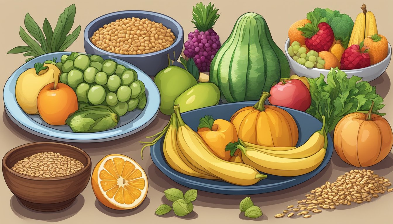 A table set with colorful fruits, vegetables, and whole grains, with a focus on foods known for promoting joint health and suitable for diabetics