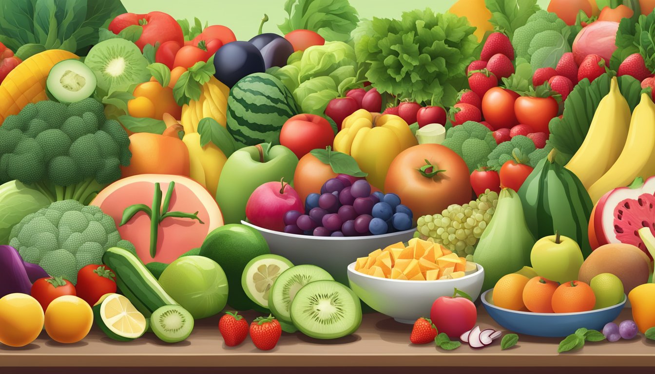 A colorful array of fresh fruits, vegetables, and lean proteins arranged on a table, with a focus on foods that promote joint health and are suitable for diabetics