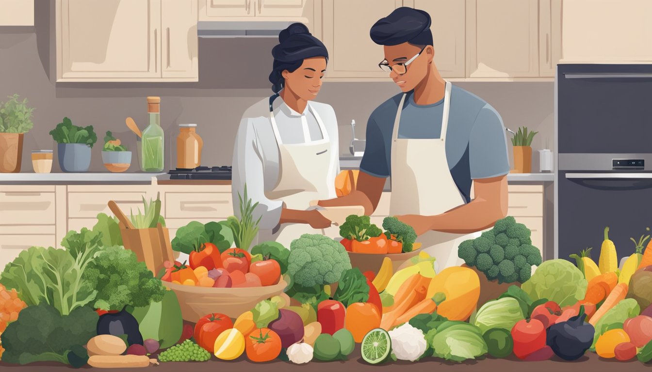 A person in a kitchen, surrounded by fresh fruits, vegetables, and lean proteins. They are measuring ingredients and preparing balanced meals