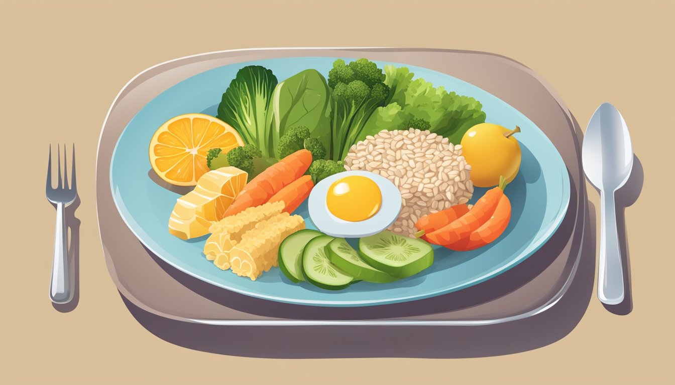 A colorful plate with balanced portions of lean protein, whole grains, vegetables, and fruits, accompanied by a glass of water