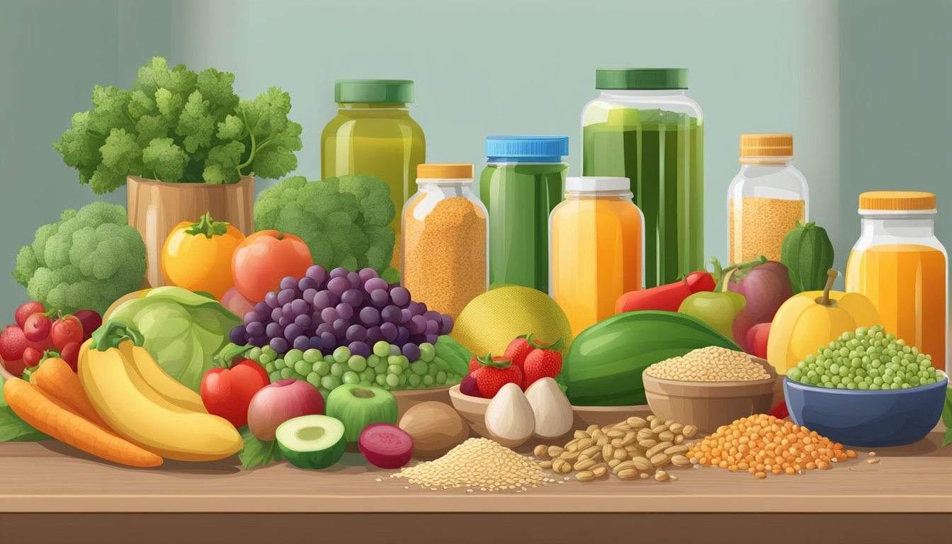 A table with a variety of colorful fruits, vegetables, and whole grains, alongside bottles of vitamins and supplements